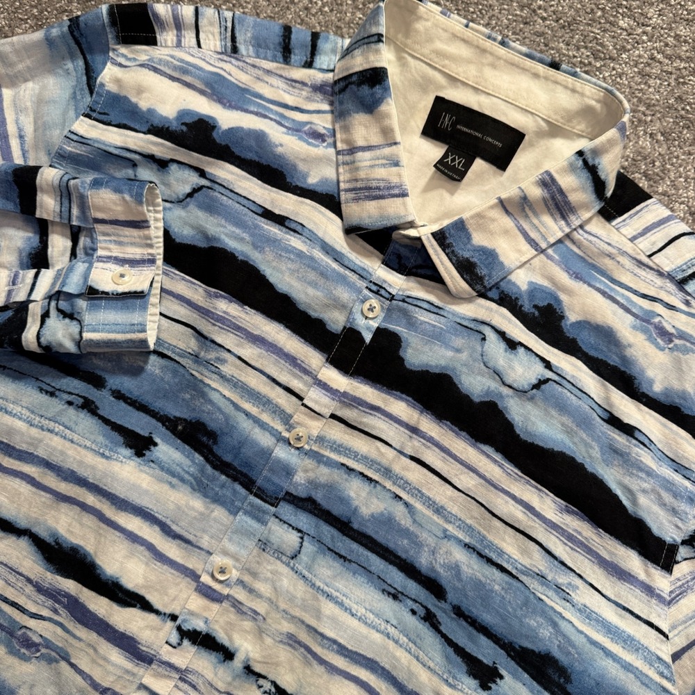 INC Shirt Mens XXL Blue Abstract Stripe Linen Costal Vacation Coastal Artistic